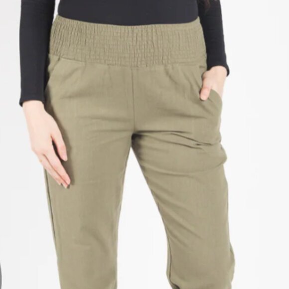 emme Everyday Transitional Maternity Smocked Linen Pant, Olive, M Longer Inseam - Picture 1 of 7